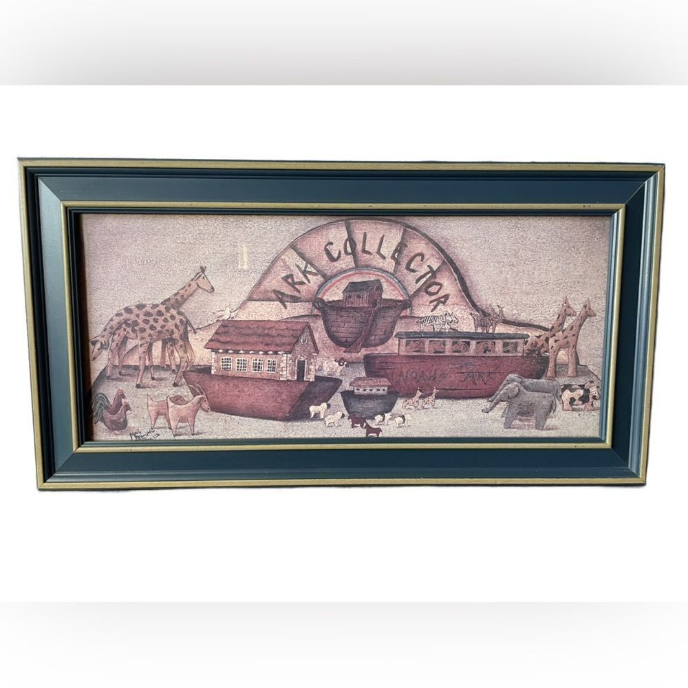 Framed Noah's Ark “Ark Collector” Folk Art 1986 Print for Nursery (13”x25”)